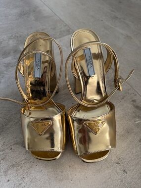 Prada Metallic Gold Block Heel Slingback Sandals